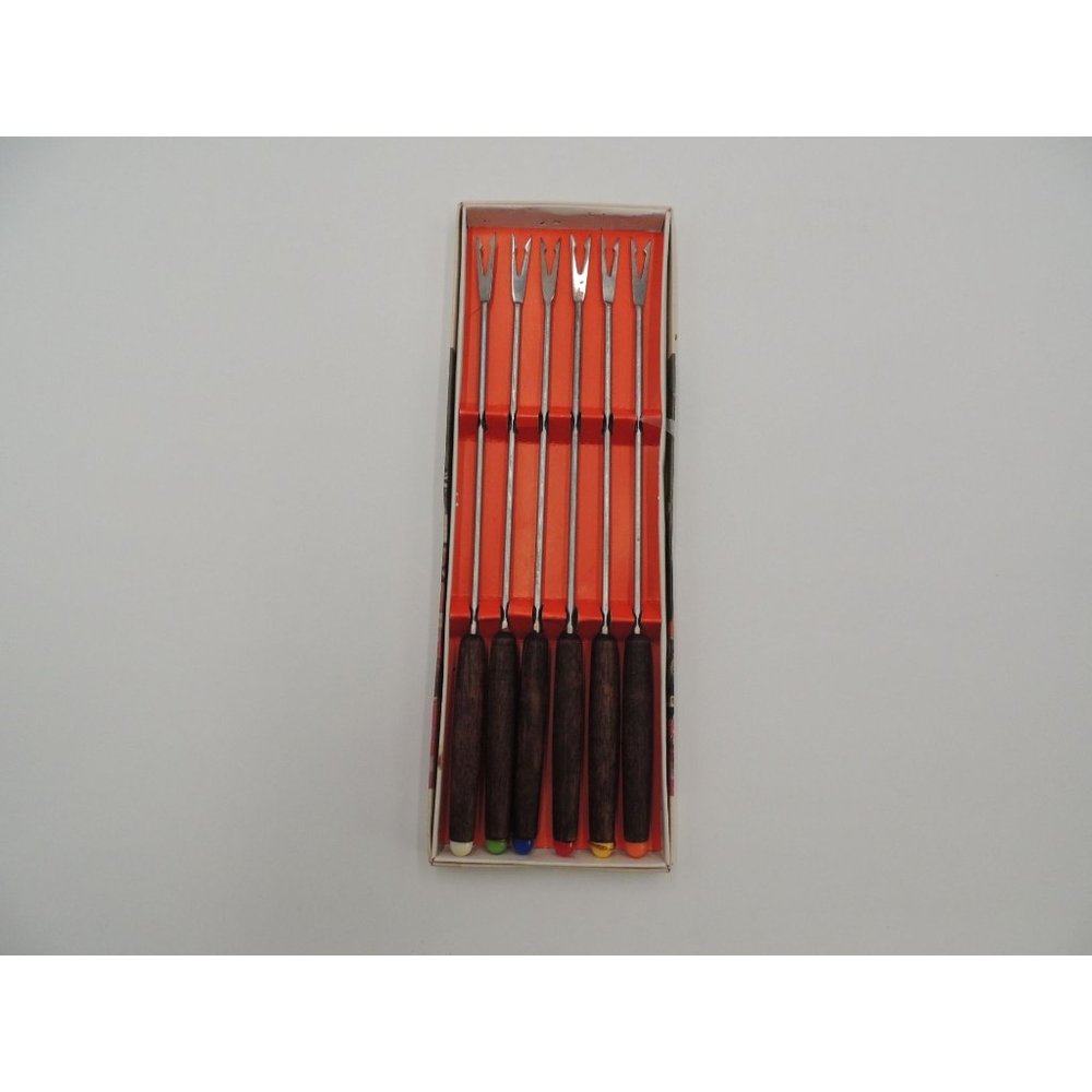 6 Fondue Forks Stainless Steel Wood Handles Japan Vintage MCM